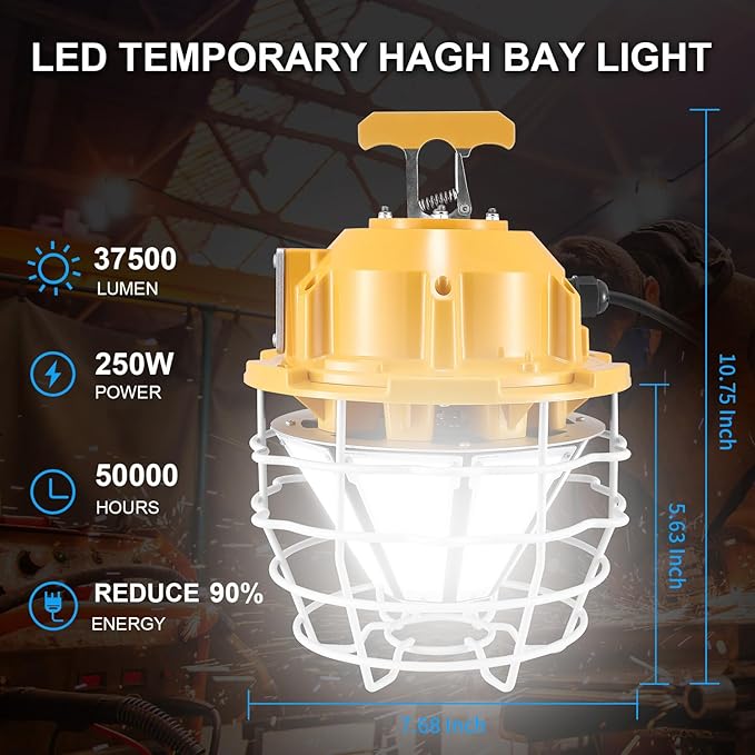 LED Temporary Work Light 250W 37500LM 5000K Daylight White High Bay led Construction Light with Hook Portable Linkable Durable LED Job Site Lighting for Damp Location Indoor Outdoor Area Lighting