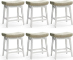 Counter Height Bar Stools Set of 6 for Kitchen Counter Farmhouse Modern Barstools with Faux Leather Upholstered Backless Seat and Solid Wood Legs 24 inch Bar Chairs, Light Grey + White