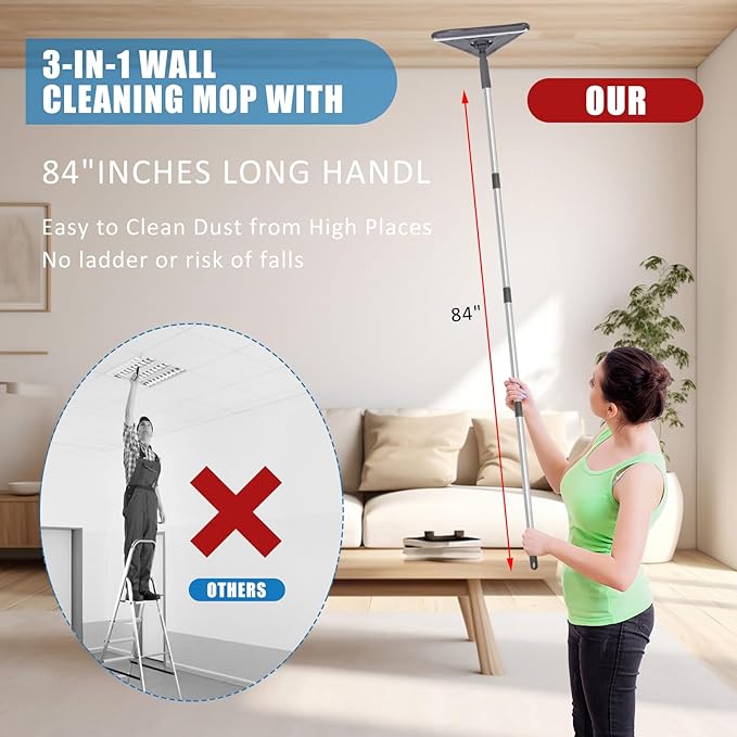 Mops for Floor Cleaning with 57" Long Handle, Scrub Brush, Wall Cleaner Mop with 84'' Long Handle, 2 Reusable Pads, Wet and Dust Mopping for Hardwood, Laminate, Tile Floor, Wall, Ceiling, 19Pcs Gray