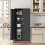 Metal Rolling Storage Cabinet-74.6” Tall Steel File Cabinets with Wheels Lockable Doors and Adjustable Shelves-Black Steel Storage Cabinet for Home, School, Office, Garage