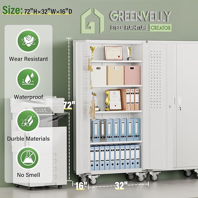 Greenvelly Metal Garage Cabinets with Wheels, 72" Rolling Storage Cabinet with Pegboards and Shelves, Tall Tool Cabinet with Locking Doors for Garage,Home Office,Warehouse(White)