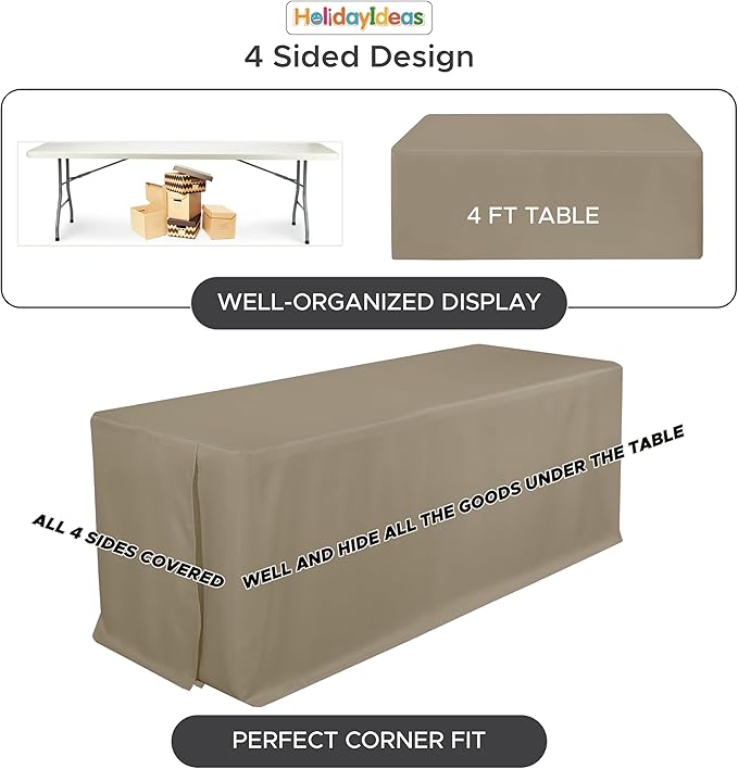 HolidayIdeas Fitted Tablecloths for 4 Foot Rectangle Table, Wrinkle Resistant Washable Table Cover 24x48 Inch for Vendor Booth Display, Banquet, Trade Show, Taupe, 4 Pcs
