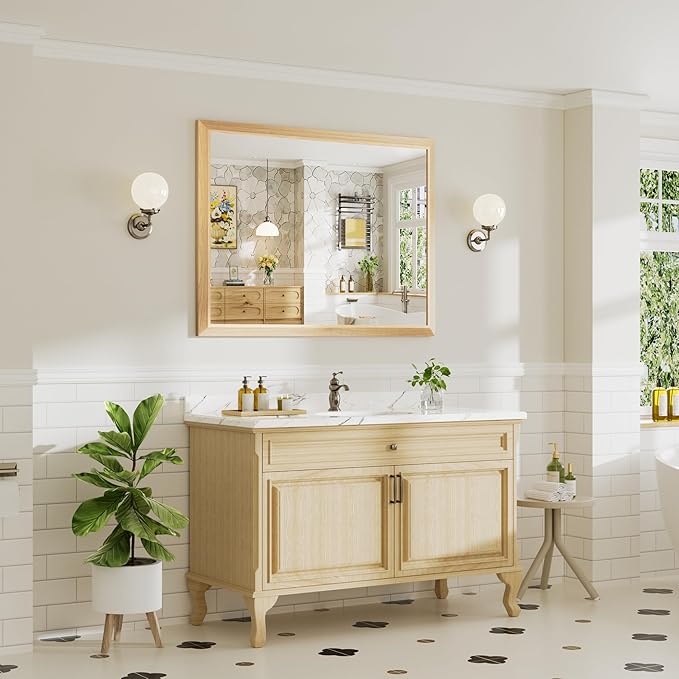 48x36 Inch Bathroom Mirror for Wall, Anti-Rust Oak Wood Grain Metal Framed Bathroom Mirrors for Over Sink,Rectangler Mirrors for Bathroom Vanity, Farmhouse, Bedroom, Living Room, Entryway Decor