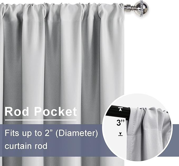 JIUZHEN Silver Grey Curtains for Bedroom - Blackout Curtains & Drapes Set of 2 Panels with Tiebacks, Thermal Insulated Room Darkening Noise Reducing Curtains for Living Room, 42 x 72 Inch