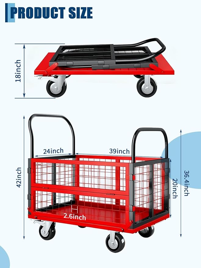 Platform Truck Cart with Cage, 6-in-1 Multi-Purpose Flatbed Cart, Foldable Hand Truck Load 1800LBS with 4 Wheels Push Dolly for Grocery, Laundry, Garage, Warehouse (Red+Black)