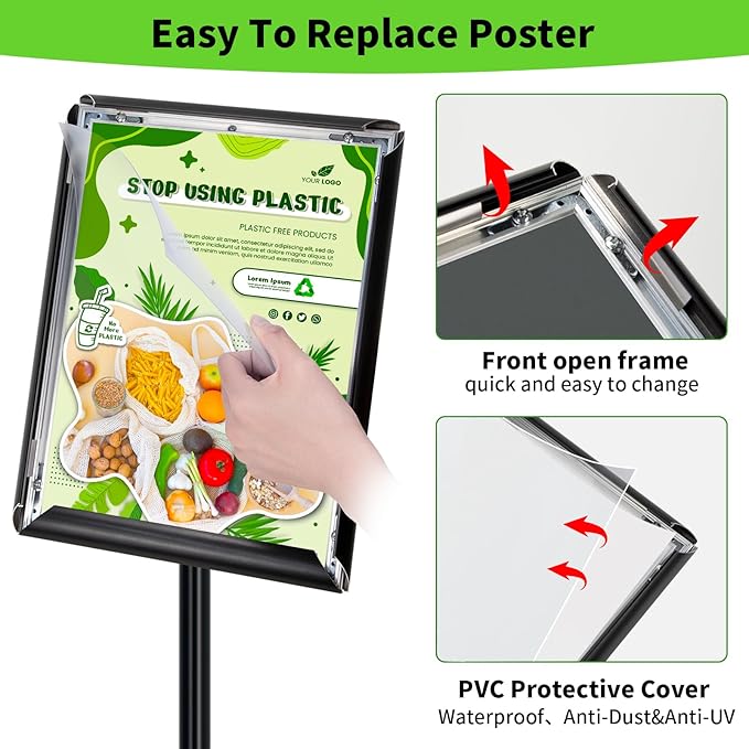 6Pack Adjustable Pedestal Sign Holder - 8.5''x11'', Floor Standing Poster Sign Stand, Aluminum Frame for Vertical/Horizontal View, Outdoor/Indoor Use, Black