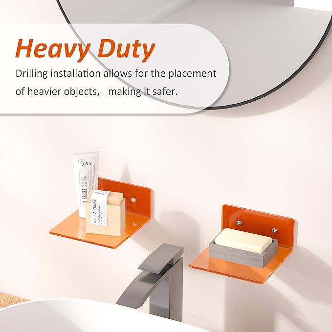 6 Inches Small Orange Wall Shelves Set of 2, Wall Mounted Display Shelf Rack for Bedroom, Living Room, Smart Speaker, Clock, Decoration, 2 Pack