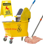 MATTHEW CLEANING 34Quarts Commercial Mop Bucket INCL.Wet String Mop with Down Press Wringer On Wheels,Industrial Heavy-Duty Floor Cleaning w/Handle, Mop Bucket for Home,Offices,Commercial, Restaurants