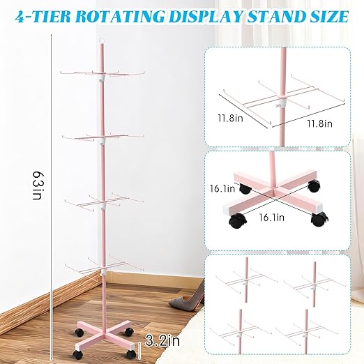 Ripeng 2 Pcs Retail Display Stand Rotating Spinner Display Rack Adjustable Jewelry Stand with Wheels for Keychains Earrings Craft Shows Vendor Events & Stores Accessories (4 Tier,Pink)