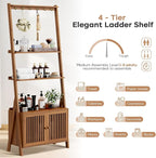 Bookcase with Drawers, 4-Tier Bamboo Bookshelf Ladder Shelf with 6 Hooks, Tall Narrow Retro Book Shelf, 24.8"L x 10.6"W x 59.5"H, Standing Storage Organizer for Living Room, Office, Bedroom, Walnut