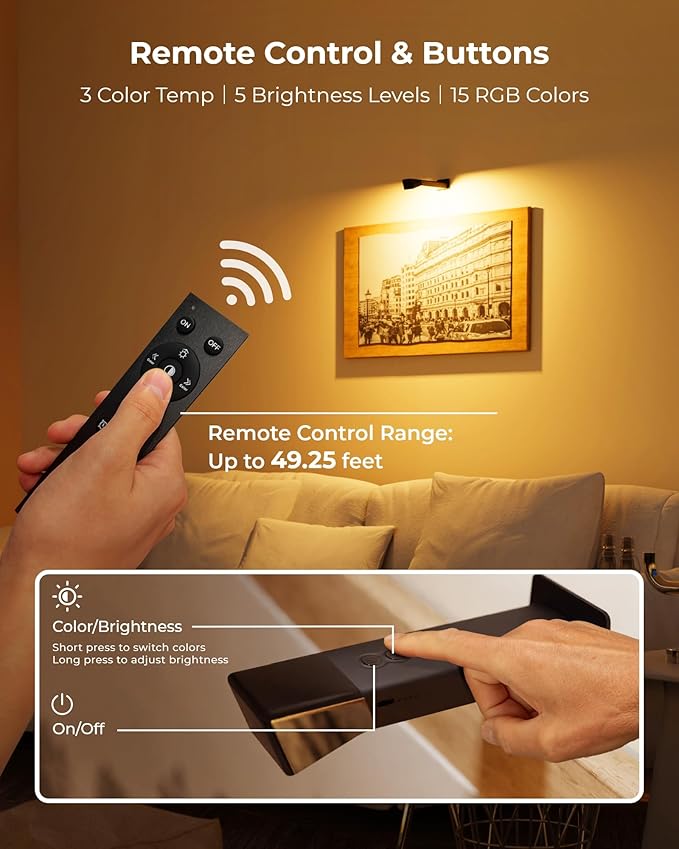 3 Pack Picture Lights for Wall with RGB Colors, Battery Powered Art Painting Lights with Remote, Cordless Picture Light for Posters, Rechargeable Wall Sconces