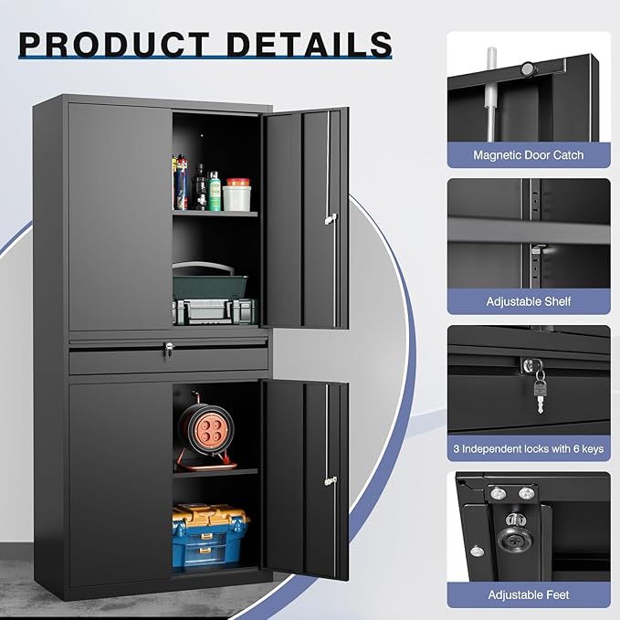 Metal Storage Cabinet with with Drawer, Garage Storage Cabinet with Locking Doors and Adjustable Shelves for Garage, Home Office,Warehouse (Black)