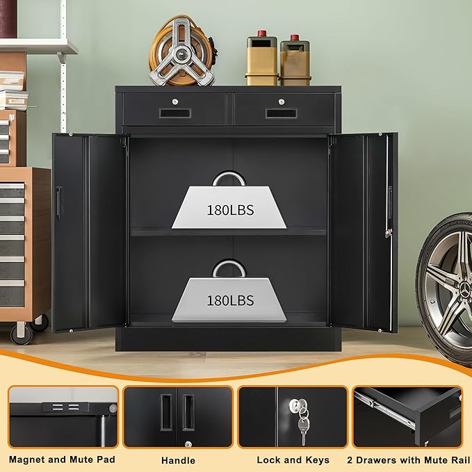 Metal Storage Cabinet, 36" H Locking Storage Cabinet with 2 Drawers and Adjustable Shelf, Metal Cabinets for Office, Garage, Home-Black