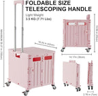 Folding Utility Cart Portable Rolling Crate Handcart Shopping Trolley Collapsible Tool Box, with Lid, Basket on 4 Rotate Wheels, for Grocery, Shopping, Office, Teacher (Pink)