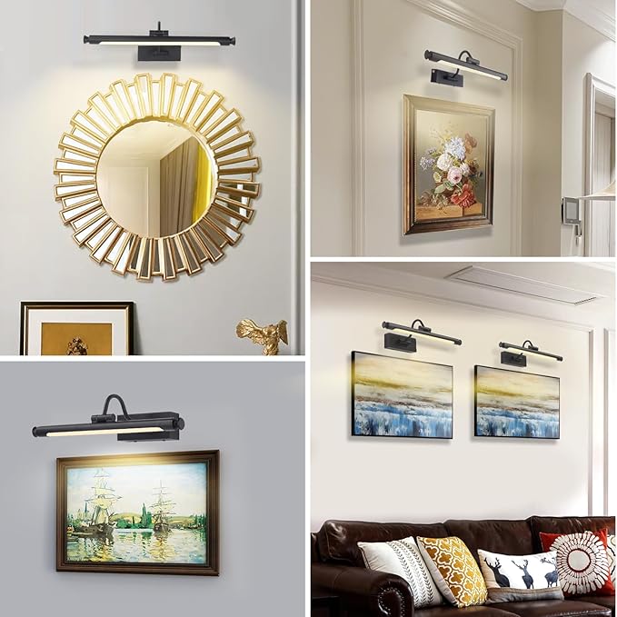 Battery Operated Picture & Frame Light – 15.7" Black Dimmable LED Wall Art Lamp with Remote Control, Timer, Adjustable Arm for Paintings, Portraits & Frames