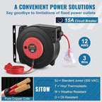 VEVOR Retractable Extension Cord Reel, 45 FT, Heavy Duty 12AWG/3C SJTOW Extension Power Cord with Lighted Triple Tap Outlet, 15A Circuit Breaker 180° Swivel Bracket for Ceiling or Wall Mount, Red