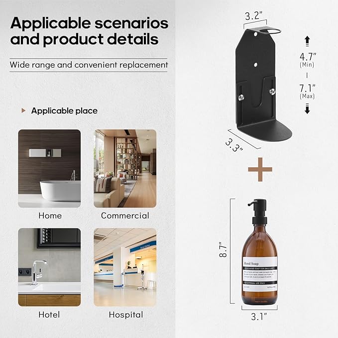 Glass No-Drill Wall Mounted Shower Soap Dispenser, Hand Soap Dispenser with Adjustable Stainless Steel Holder for Bathroom and Kitchen-(Black 1 Chamber, 18 OZ)