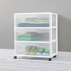 3 Drawer Wide Plastic Storage Cart with Clear Pull-Out Drawers & 4 Wheels - Medium Home Organization Container for Classroom Bathroom Dorm Bedroom Laundry Room (White)