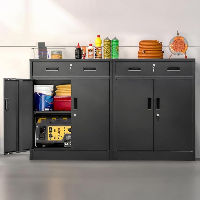 Metal Storage Cabinet, Locking Cabinet with One Drawer and Adjustable Shelf, 36" H x 28" W x 16" D Steel Storage Cabinet for Office, Garage, Home-Black