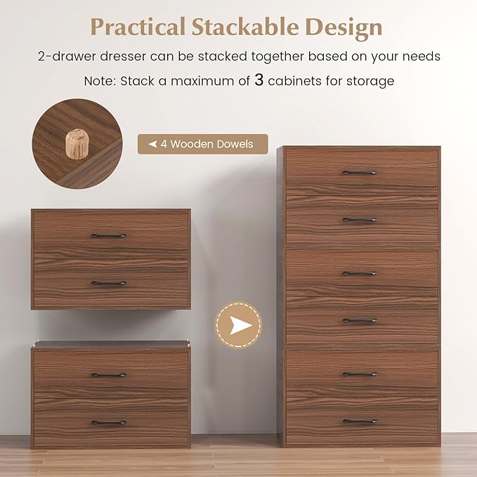 GOFLAME Stackable 2-Drawer Dresser, Wood Horizontal Storage Organizer with Metal Handle & Smooth Sliders, Lateral File Cabinet with Anti-tilt Kit for Bedroom Office, Walnut