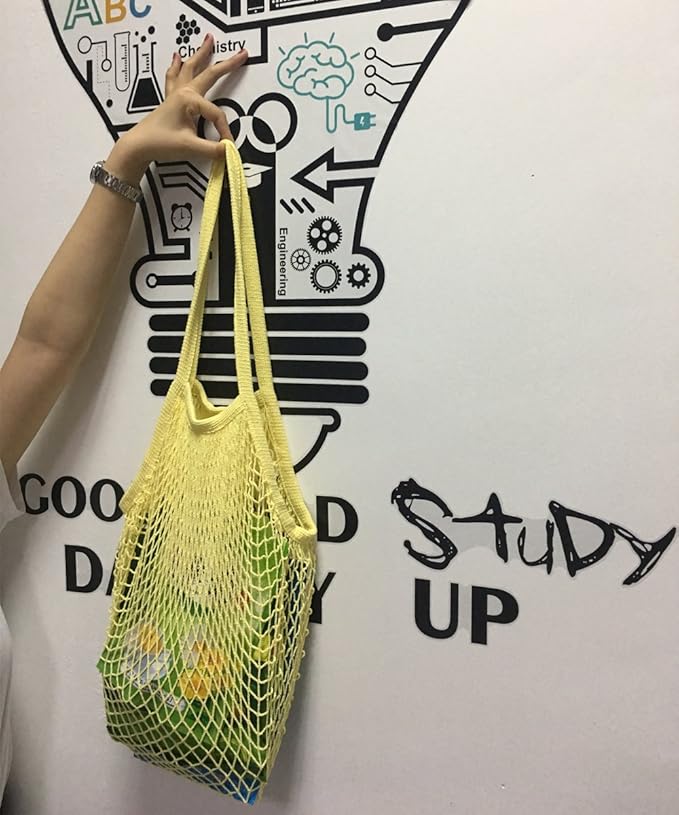 2Pcs Portable Reusable Mesh Cotton Net String Bag Organizer Shopping Tote Handbag Fruit Storage Shopper NEW (beige02 orange02)
