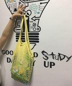 2Pcs Portable Reusable Mesh Cotton Net String Bag Organizer Shopping Tote Handbag Fruit Storage Shopper NEW (beige02 orange02)