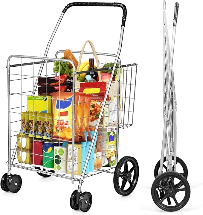 COSTWAY Folding Shopping Cart, Metal Grocery Cart with Extra Basket, 360° Swiveling Front Wheels & Comfortable Handle, Light Weight Collapsible Utility Cart for Laundry, Camping (Silver)