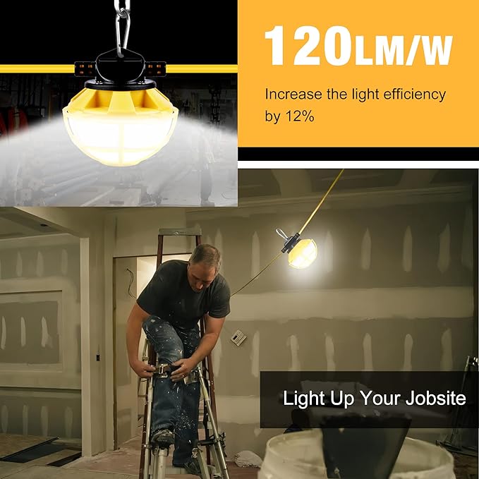 50FT Construction String Lights with Protective Cage, IP65 Waterproof LED String Work Lights, 5000K Daylight 18AWG Wire Linkable Temporary Construction Lighting for Jobsite with 5 Bulbs & Hooks