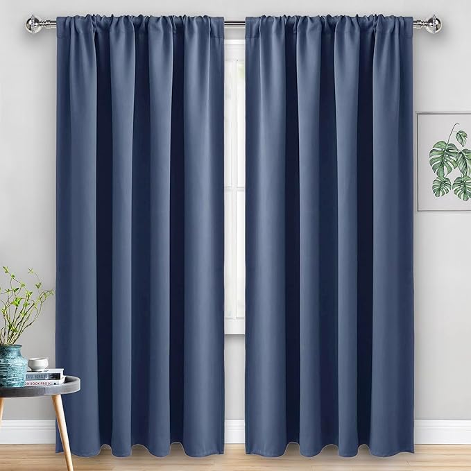 JIUZHEN Dusty Blue Blackout Curtains for Bedroom - Thermal Insulated Room Darkening Rod Pocket Curtains for Living Room, Set of 2 Panels with Tiebacks, 60 x 96 Inch Length, Dusty Blue
