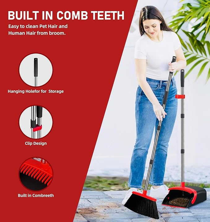 2-Pack is More economical，Brooms with Dustpan Combo Set， with 52" Long Handle, Dustpan Teeth with self-Cleaning Function, Indoor and Outdoor Sweeping, Perfect for Home Office