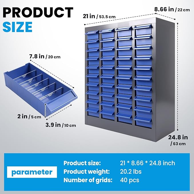 Nut and Bolt Storage Cabinet with ABS Drawer,Steel Small Parts Storage Organizer,25" H X 9" D X21 W Screw Organization for Garage Hardware,Nails,Fastener,Bolts,Nuts,and More (40 ABS Drawers)