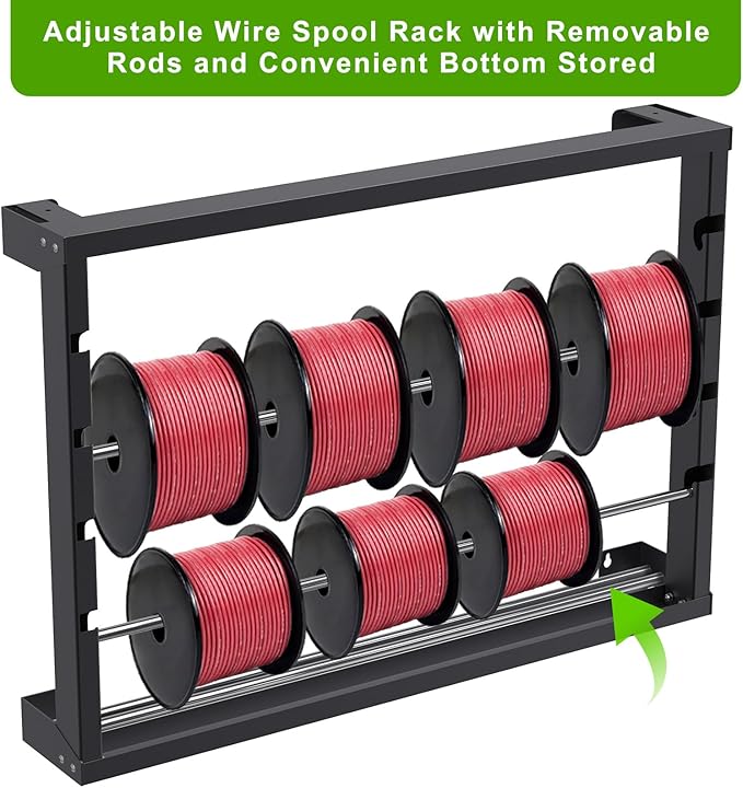 SELEWARE Heavy Duty Wall-Mounted Wire Spool Rack – Cable Reel Holder and Dispenser with 4 Adjustable Stainless Steel Rods for Industrial, Electrical, and Retail Storage and Display (Black)