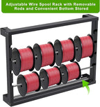 SELEWARE Heavy Duty Wall-Mounted Wire Spool Rack – Cable Reel Holder and Dispenser with 4 Adjustable Stainless Steel Rods for Industrial, Electrical, and Retail Storage and Display (Black)