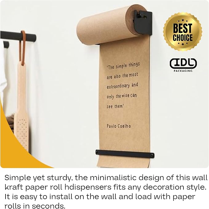 IDL Packaging 18" Wall Mounted Kraft Paper Roll Dispenser & Cutter for Rolls up to 18" Wide and 9" in Diameter - Durable Paper Holder with a Serrated Blade - Wall Mount Set Included