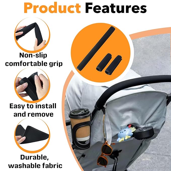 3 Pcs Universal Stroller Handlebar Cover (1 Pack18.7*6.1in & 2 Pcs 6.12*5.5in), Removable Wrap for Stroller Handle & Pushchair Armrest Protector Replacement,Toddler Pram Bumper Dustproof Handle Glove