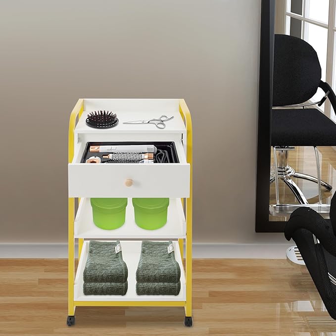 3-Tier Salon Trolley Cart w/Drawer & Shelves, Esthetician Carts w/Wheels Utility Storage for Barber Nail Spa Office, Gold, White