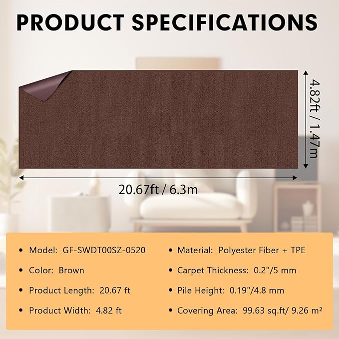 Marine Carpet,5 FT x 20 FT Brown Indoor Outdoor Carpet 0.2" Thick Boat Carpet with Water-Proof TPE Backing, Non-Slide Outdoor Marine Carpet Roll for Home, Patio, Porch, Deck