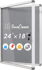SWANCROWN Enclosed Bulletin Board 24x18 in, Tamperproof Lockable Grey Felt Board Wall Display Case for Office School Home, Aluminum Frame