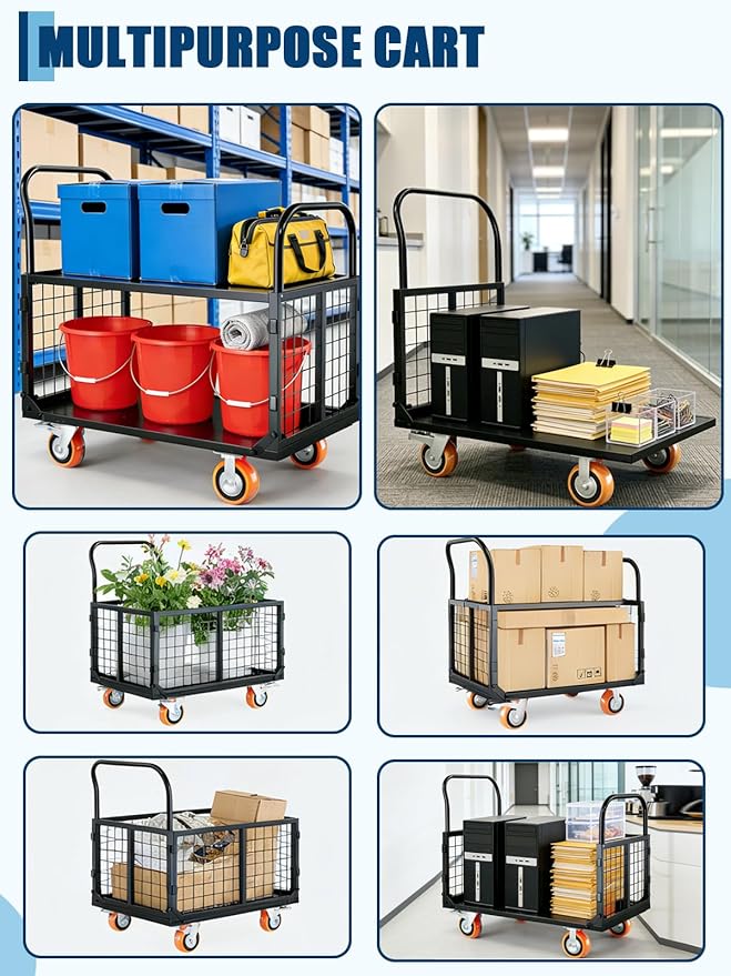 6-in-1 Platform Truck Cart with Cage, Foldable Hand Truck Load 1800 LBS with 4 Wheels Push Cart Dolly for Grocery, Laundry, Garage, Warehouse (Black+Orange)