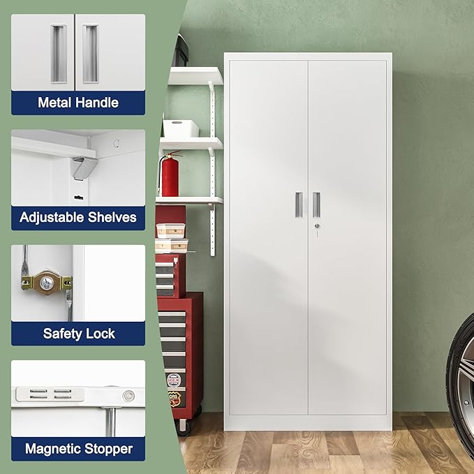 Metal Storage Cabinet, 71 Inch Tall Metal Storage Cabinet with Doors and Shelves, Pantry Cabinets for Kitchen Storage, Garage Cabinet for Living, Dining Room, Assemble Required