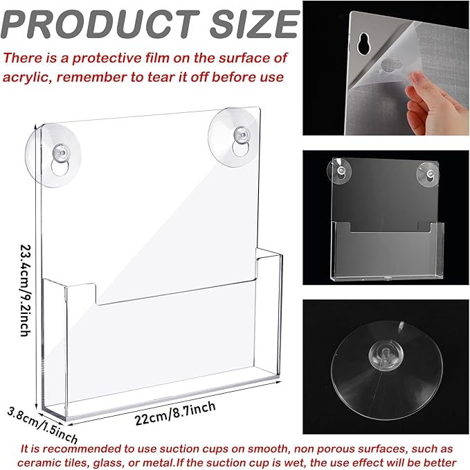 Thyle 2 Pcs Acrylic Brochure Holder with Suction Cups Wall Mount 11 x 8.5 inch Window Clear Plastic Pamphlet Organizer Flyer Display Rack for Trifold Page Booklet Sticker Marketing Office Retail Shop