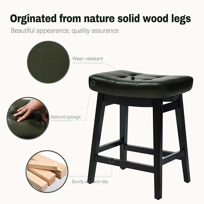 Counter Height Bar Stools Set of 6 for Kitchen Counter Farmhouse Modern Barstools with Faux Leather Upholstered Backless Seat and Solid Wood Legs 24 inch Bar Chairs, Green + Black