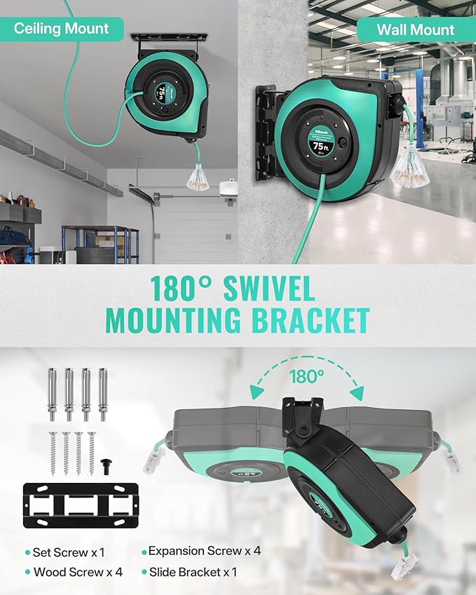 Retractable Cord Reel, 75 FT Heavy Duty Extension Cord, 14AWG/3C SJTOW, 3 Grounded Outlets Lighted Triple Tap, 10A Circuit Breaker, Wall/Ceiling Mounted, UL Listed, Light Green A75CR06