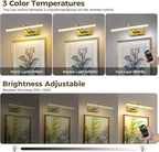 JUSHENG Battery Operated Picture Lights for Wall Brass 3CCT Dimmable Gallery Lights with Remote and Timer Wireless Painting Lights for Artwork, Display, Portraits 15.35'' Inch 3W
