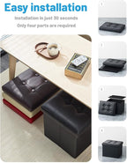 AmasSmile 2PC Storage Ottoman Folding Foot Rest Stool with Side Pocket, 16 inch Leather Footstool Bench, Short Ottoman Bench, Storage Foot Rest Store, Books, Black