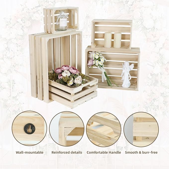 5-Piece Farmhouse Wooden Crate Set - Rustic Wooden Crates for Display and Storage, Large Natural Wood Decorative Crates, Farmhouse Apple Crates, Painted Wood Crates for Decor