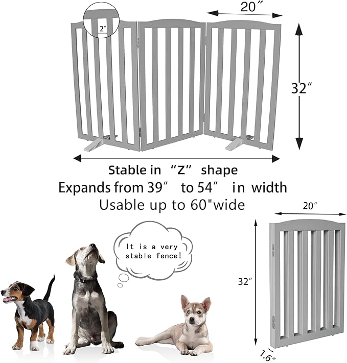 Freestanding Dog Gate Indoor,Doggie Gate Foldable Pet Gates for Doorways,Stairs or Hallways, Wooden Grey Pet Gate for The House, Pet Fence with Support Feet Included,32 "Height-3 Panels