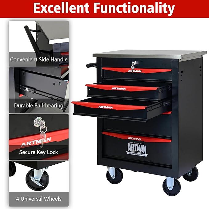 5-Drawer Heavy-Duty Rolling Steel Tool Cart with Handle&Wheels, Metal Storage Organizer Cabinet, Tool Chest for Efficient Tool Storage in Garage, Warehouse, Workshop, Repair Shop, Black&RED