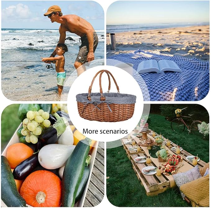 Large Wicker Picnic Basket with Handles,Handle Sturdy Woven Body with Removable and Washable Lining,Outdoor Camping,Gift Packing,Garden Picking, Storage.Gray