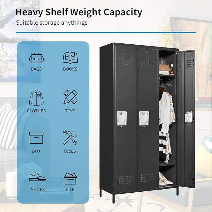 3 Doors Locker Storage Cabinet, Metal Locker for Employees, 72" Tall Lockers for Office School Gym Home, Require Assembly (Black)